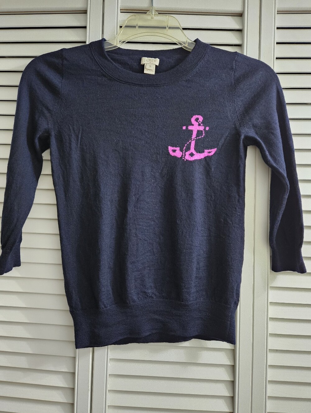 Womens J.Crew Navy Blue 100% Merino Wool Pink Anchor Graphic  Sweater Small S